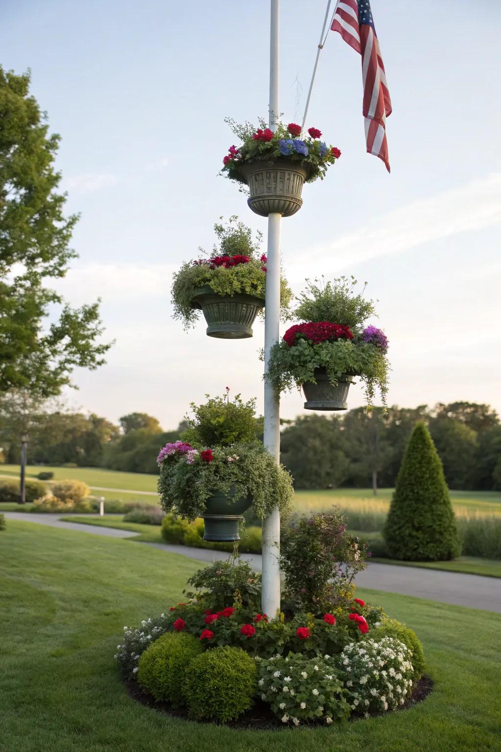Leveled greenery infuses dimension and beauty into flagpole landscaping.