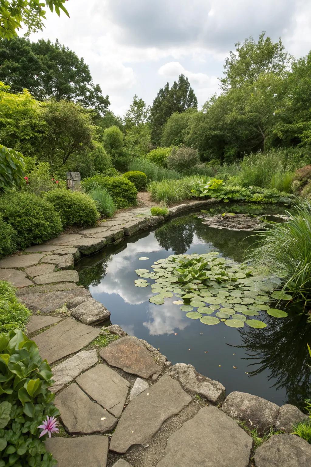 A serene pond encircled by natural flagstone.