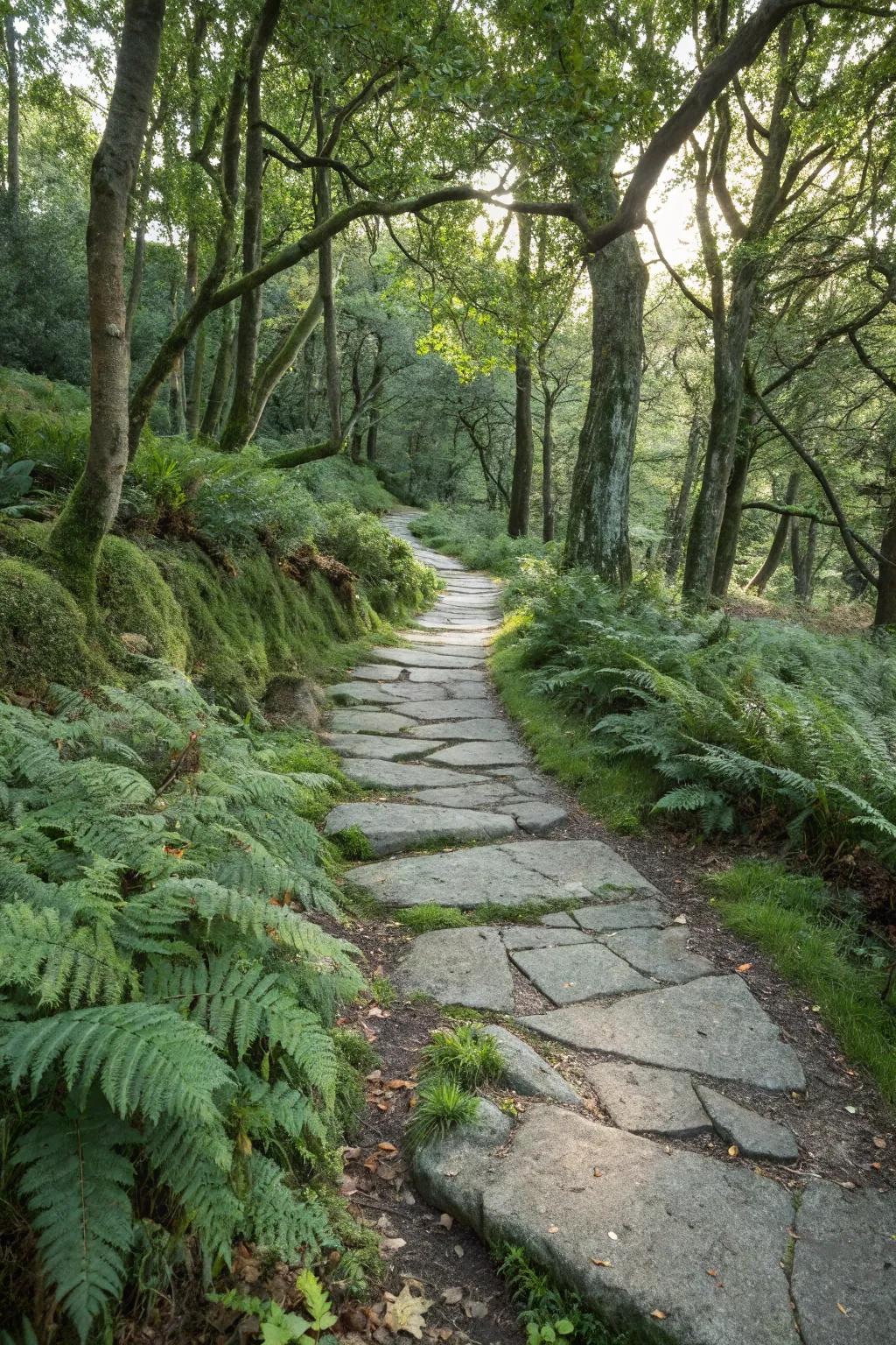 A rustic paving stone pathway nestled in a serene forest setting.