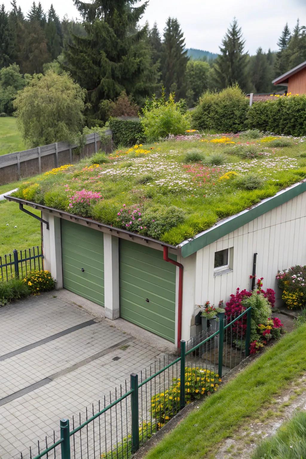 An eco roof on a flat roof garage enhances sustainability and visual appeal.