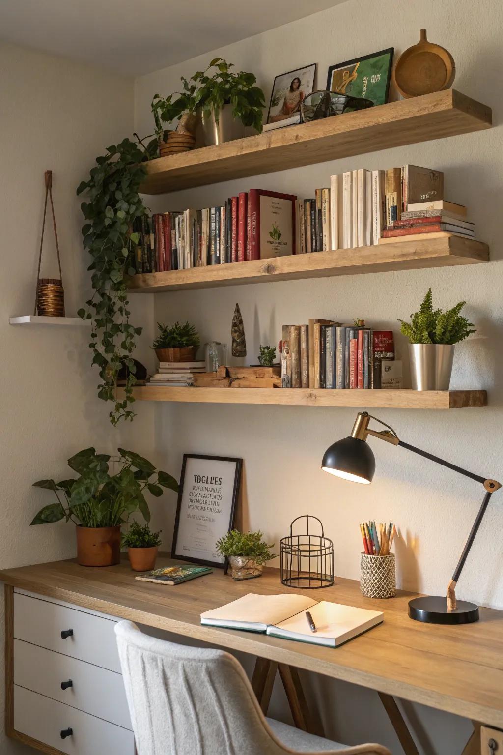 Layered floating shelves bring depth and style to your workspace.