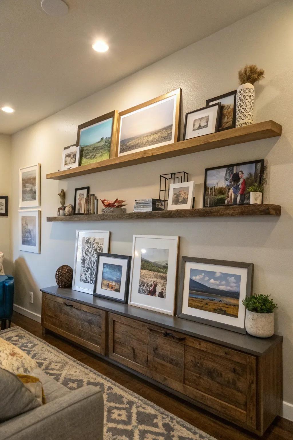 A gallery wall with floating shelves for added depth