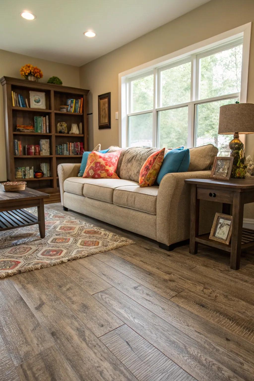 Textured laminate flooring combines style and affordability.