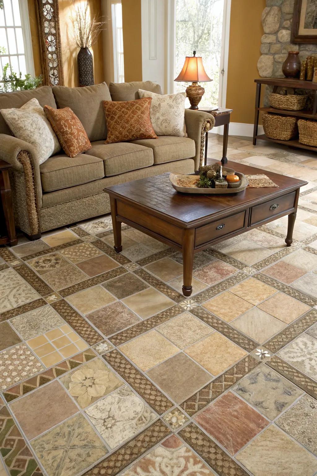 Multi-sized tiles create a personalized and unique floor design.