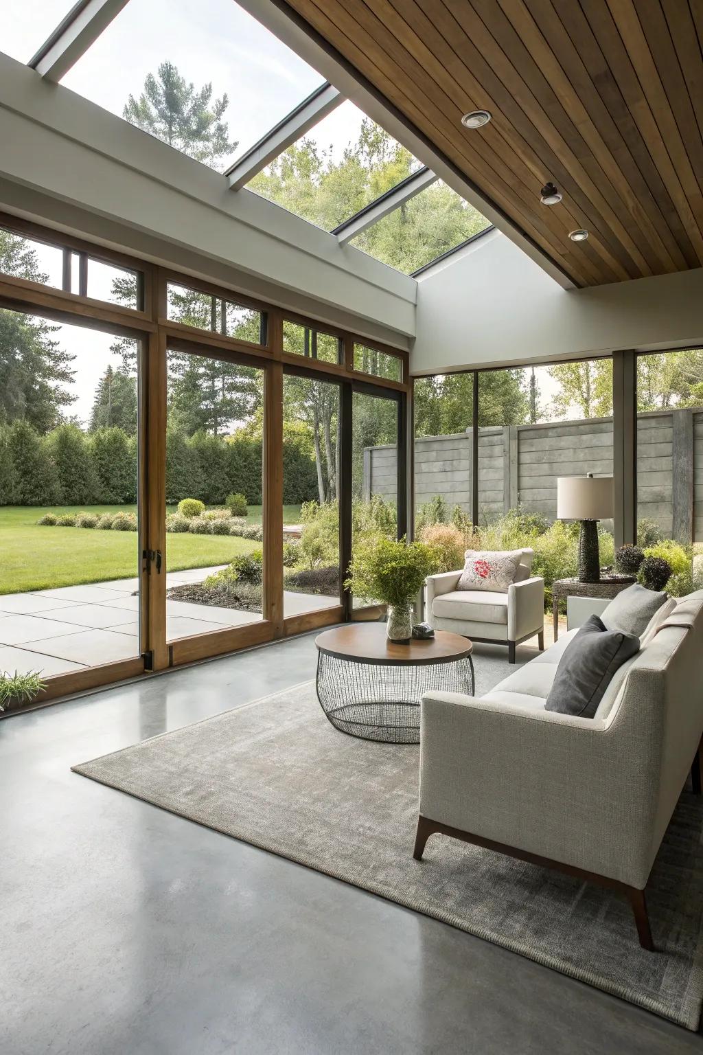 Industrial chic sunroom featuring hard surface flooring.