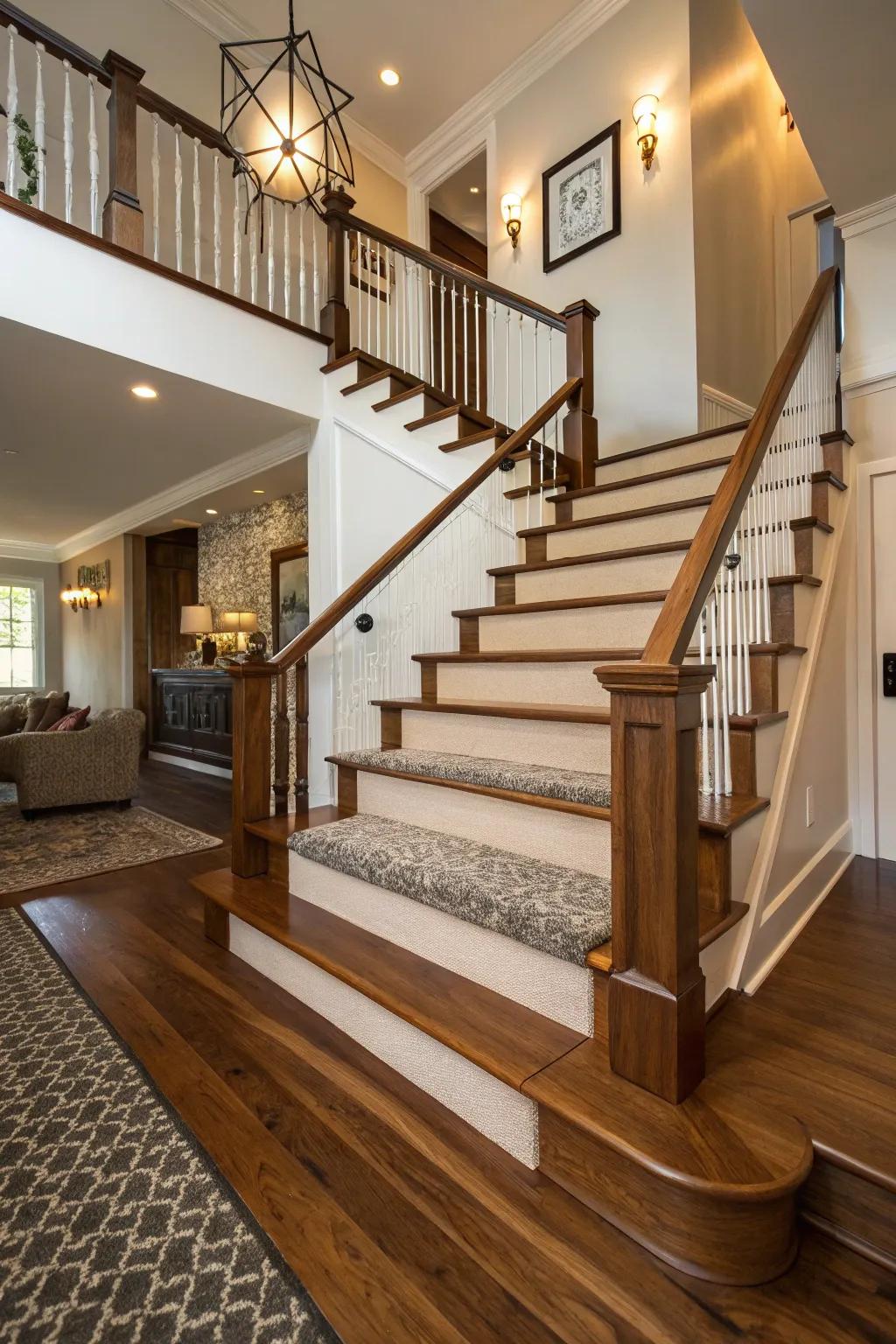 Blending timber and carpeting on stairs offers a distinctive and fashionable impression.