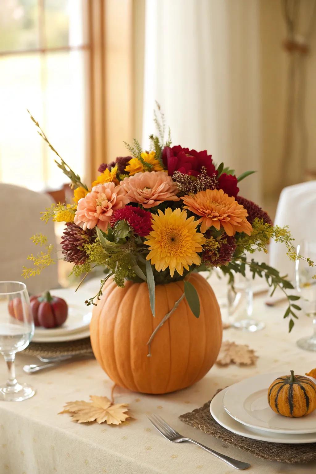 Autumn floral centerpiece in a pumpkin vase, adding a seasonal accent to the table.