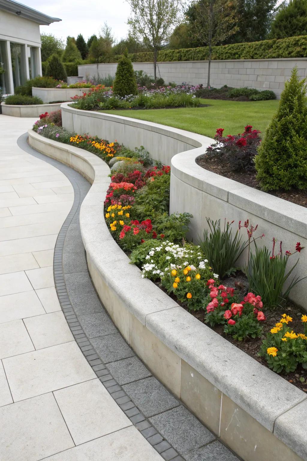 Curved concrete borders introduce a modern spin to flower beds.
