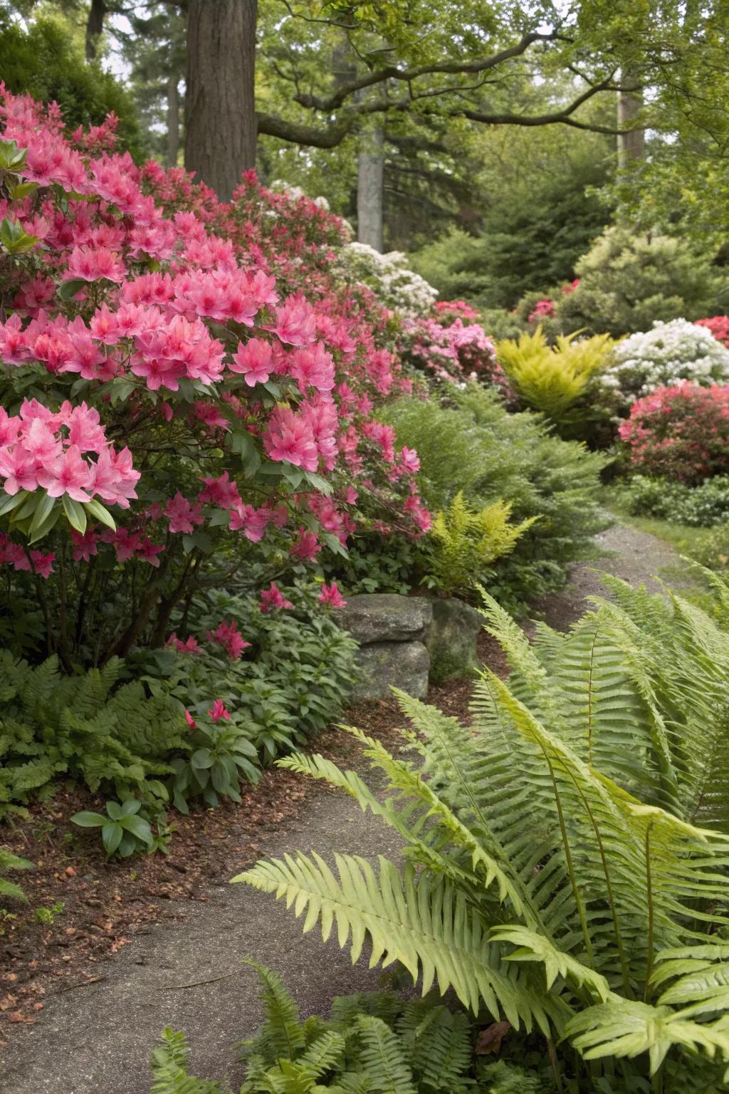 Enhance depth and texture by pairing azaleas with complementary foliage.
