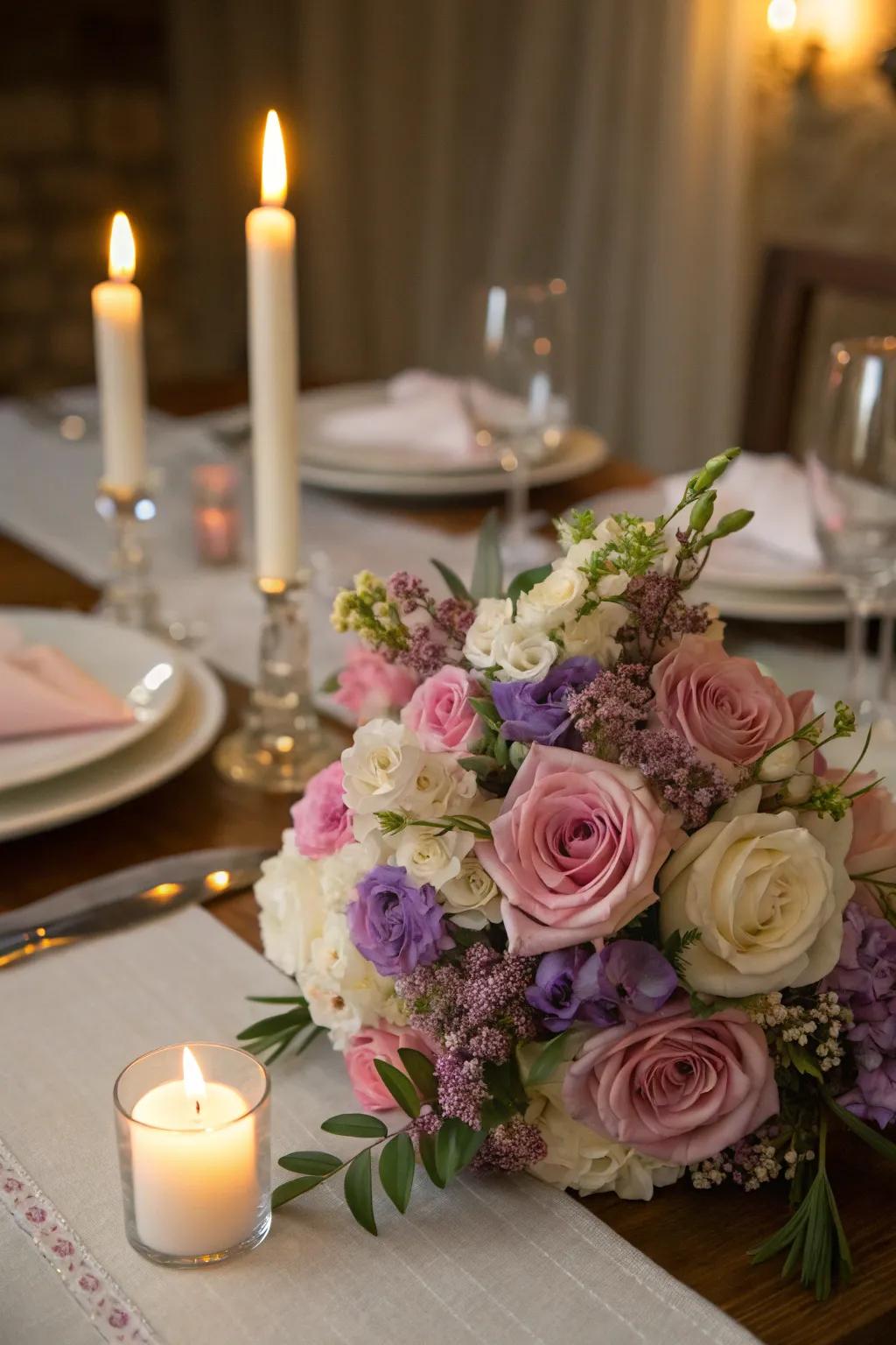 A romantic arrangement adding elegance to a candle-lit dining experience.