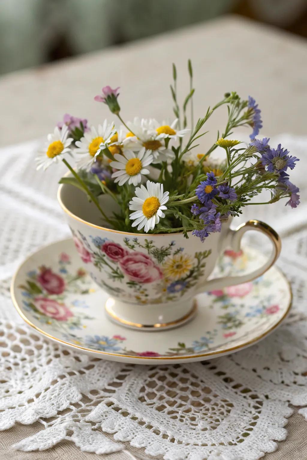 Classic cups: a delightful approach to presenting your beloved flowers.