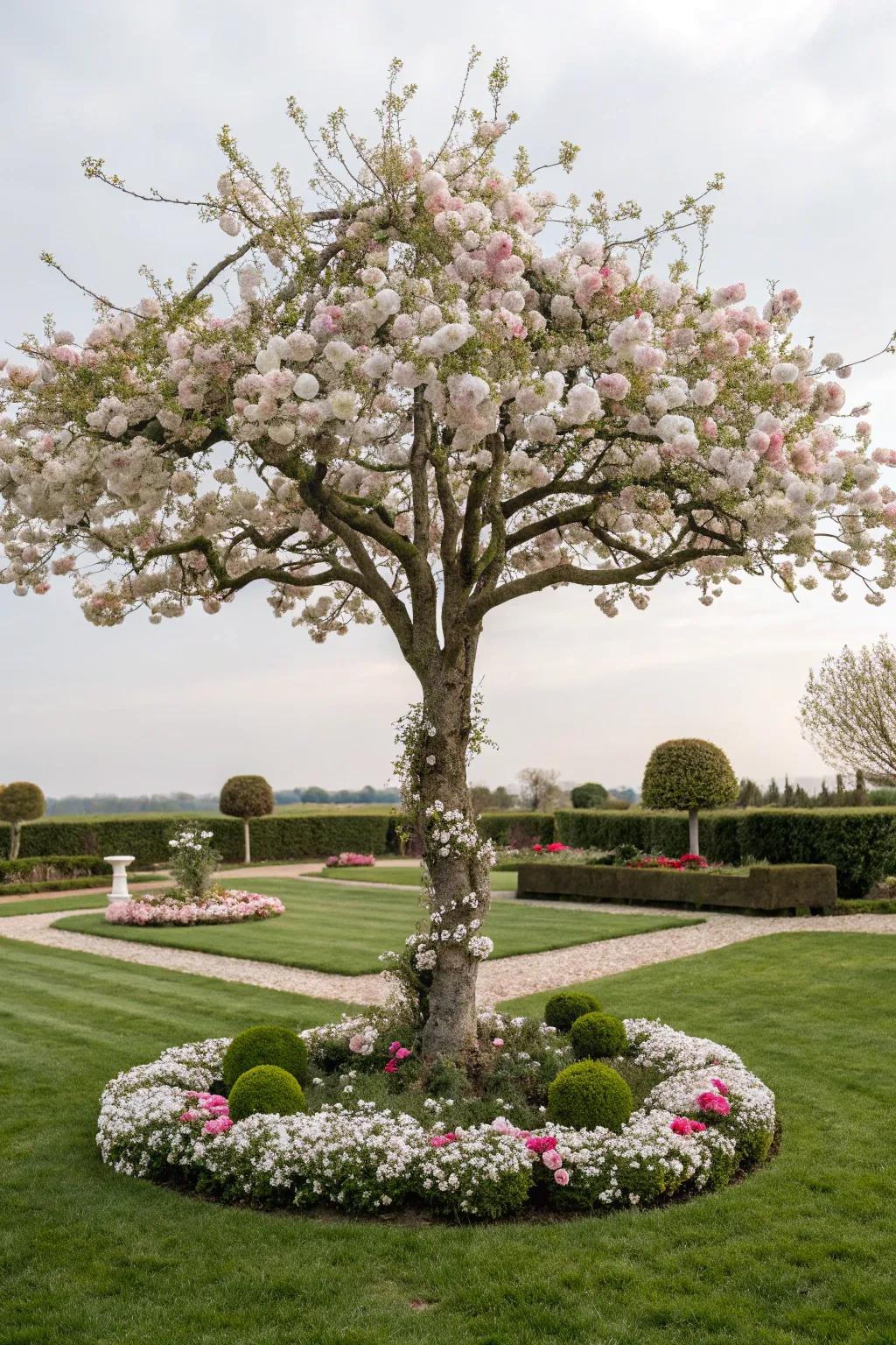 Symmetrically positioned flowers bestow a balanced splendor to this tree's base.