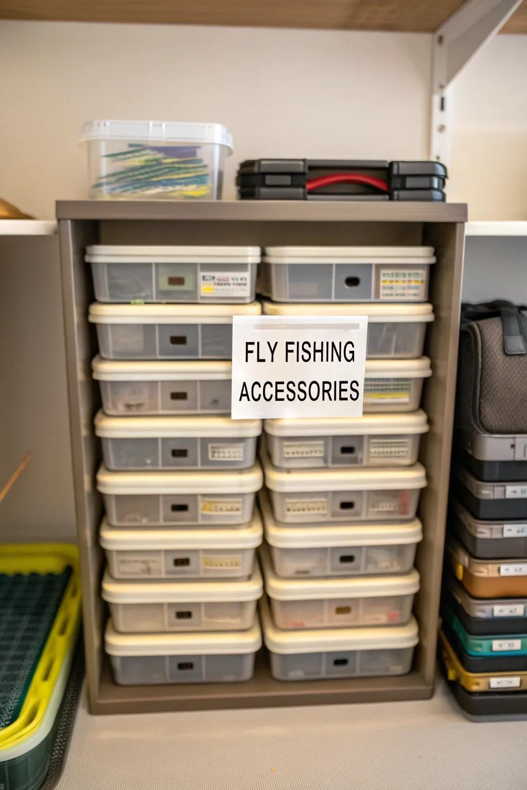 Labelled boxes for organized accessory storage.