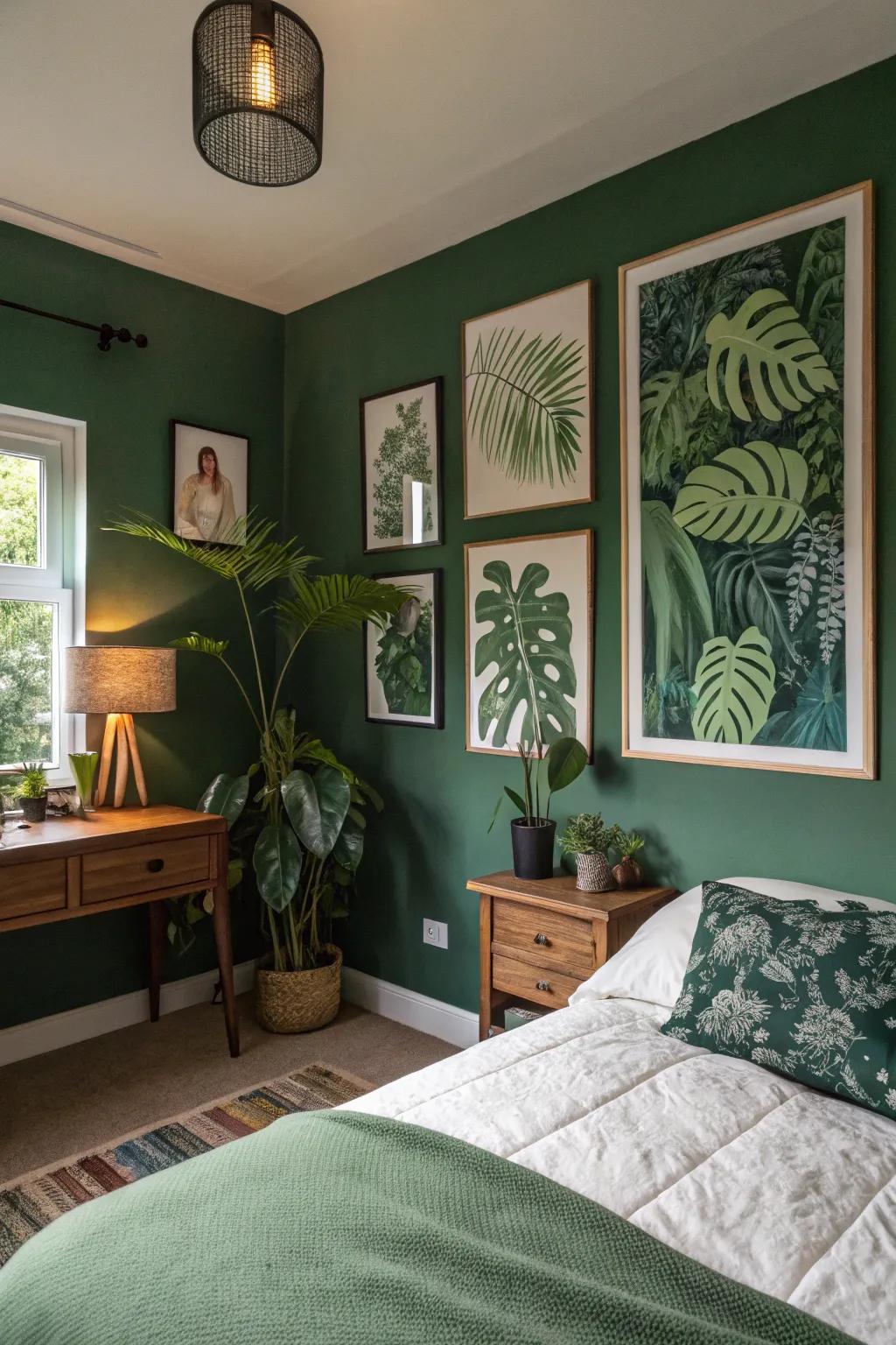 Botanical prints enhance the organic feel of a green bedroom.