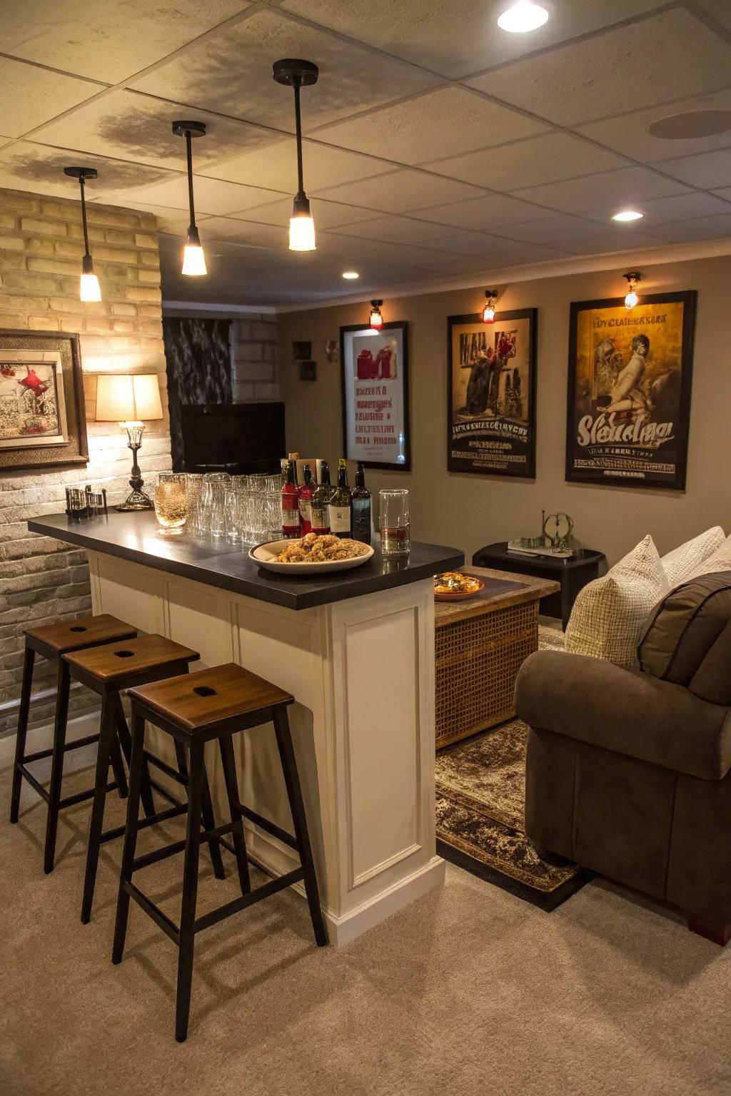 A basement bar that whips up an inviting getaway for meet-ups.