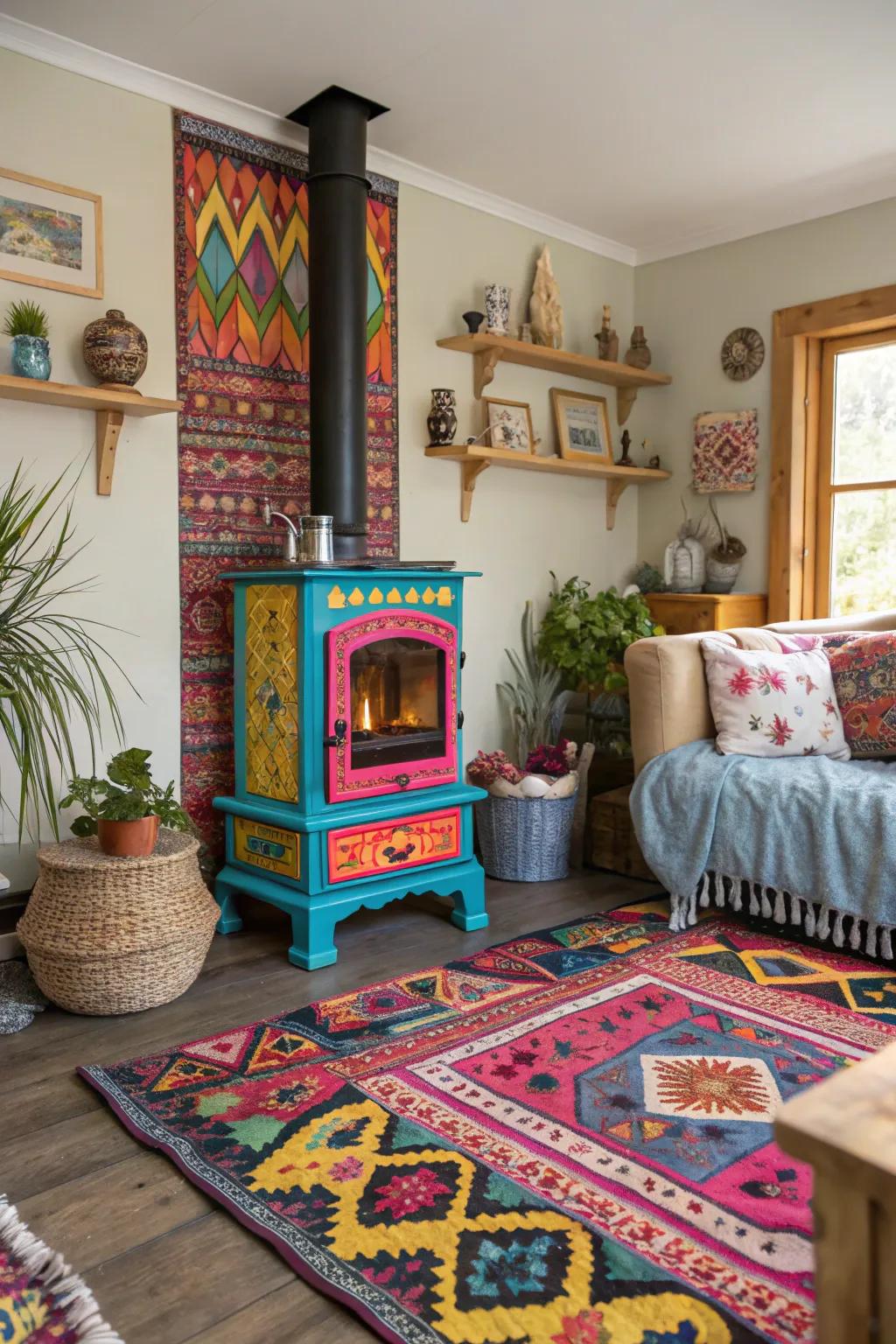 This lively space is given a playful touch by a colorful heater.