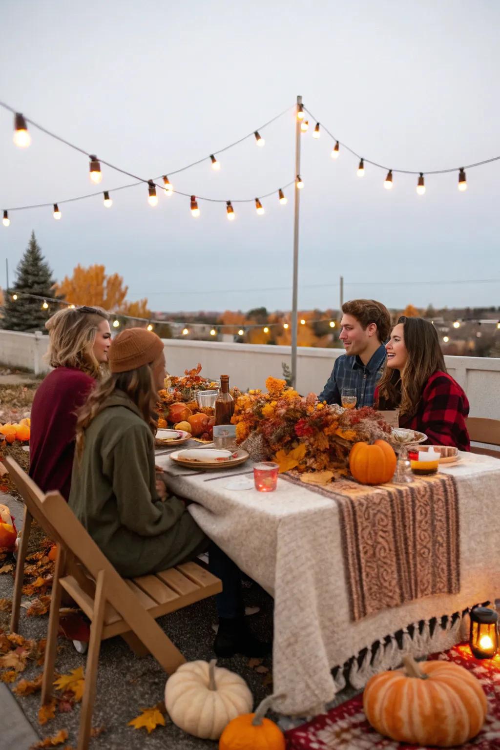 A captivating al fresco Friendsgiving ambiance enhanced by shimmering lights.