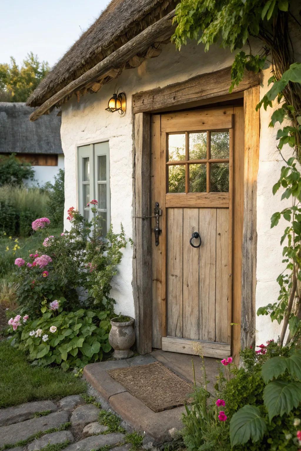 Country aesthetic achieved with a wooden door and sidelight trim.