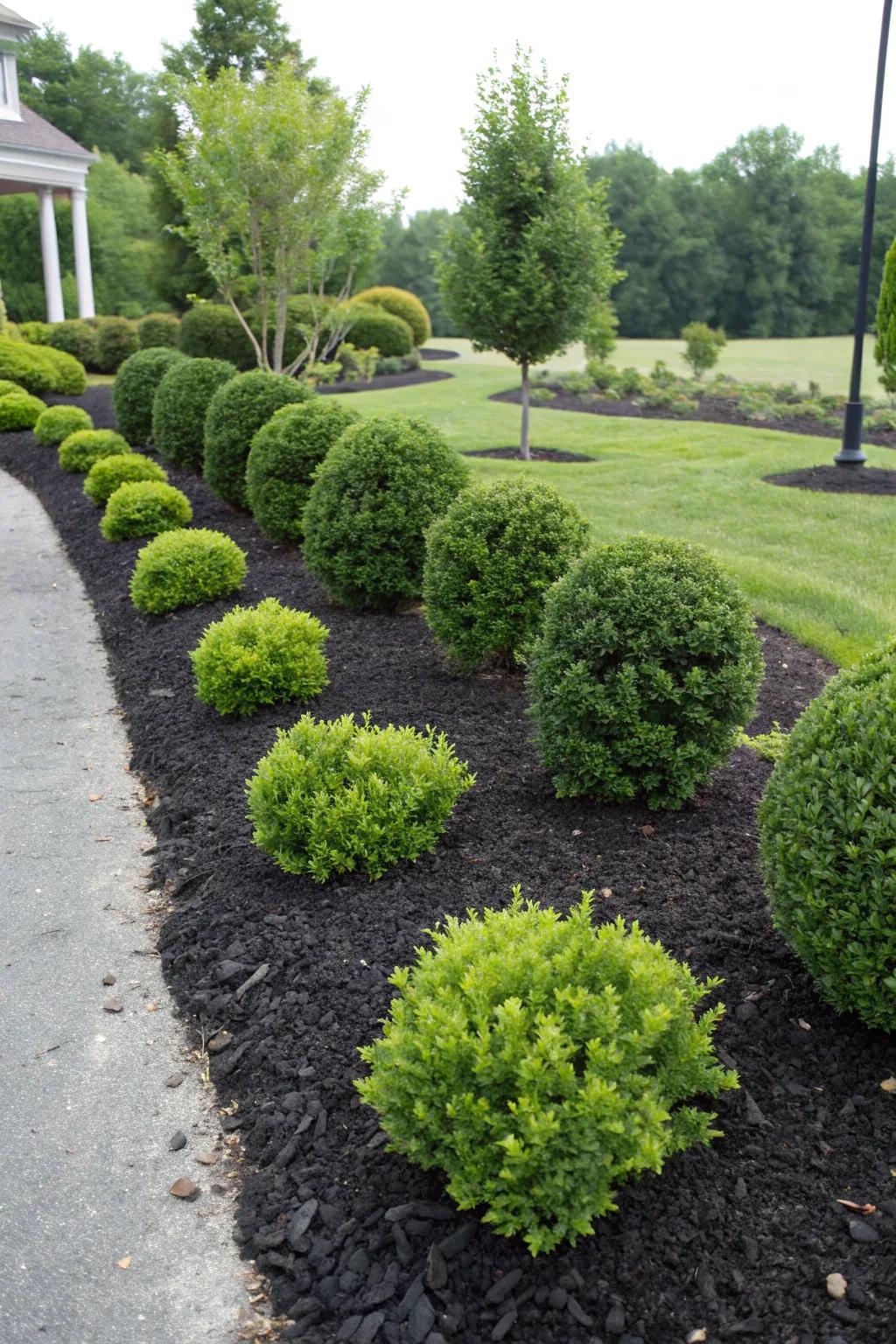 Arranging plants over dark ground cover for extra dimension.