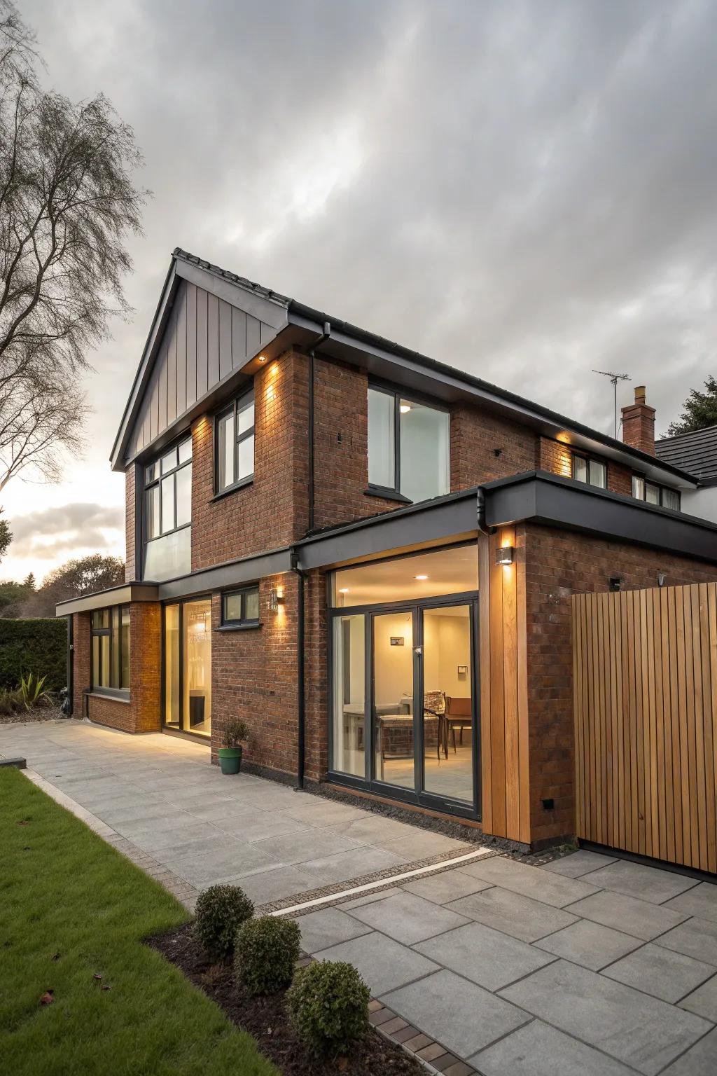 A modern home featuring a front extension with mixed materials for enhanced character.