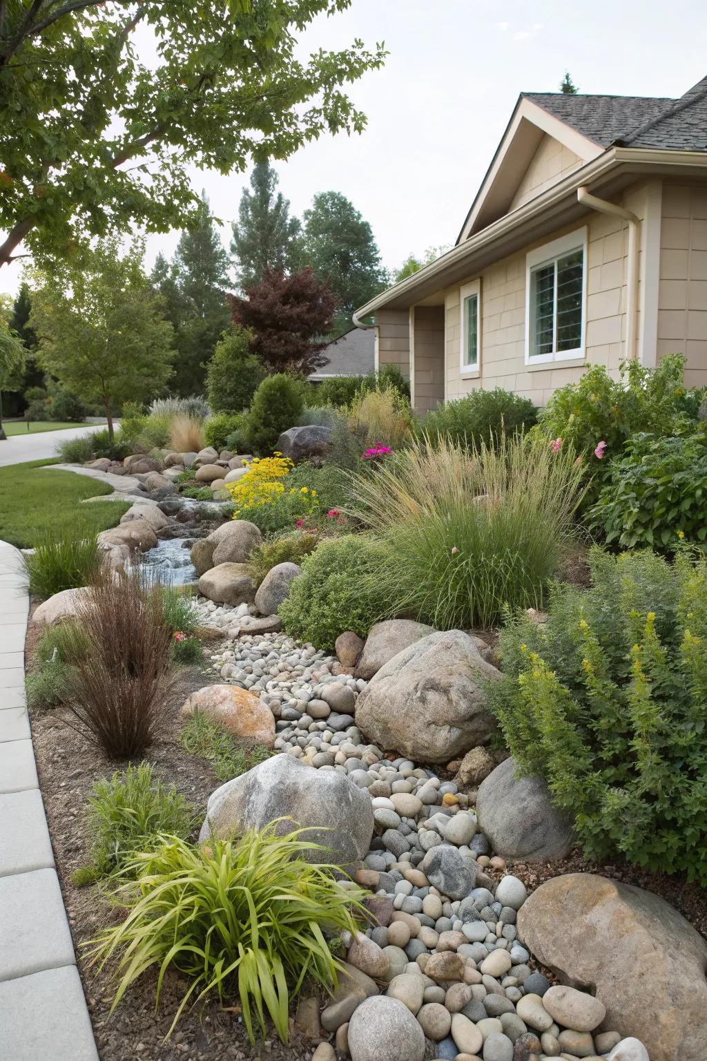 When river stones are matched with greenery, they form a flourishing landscape.