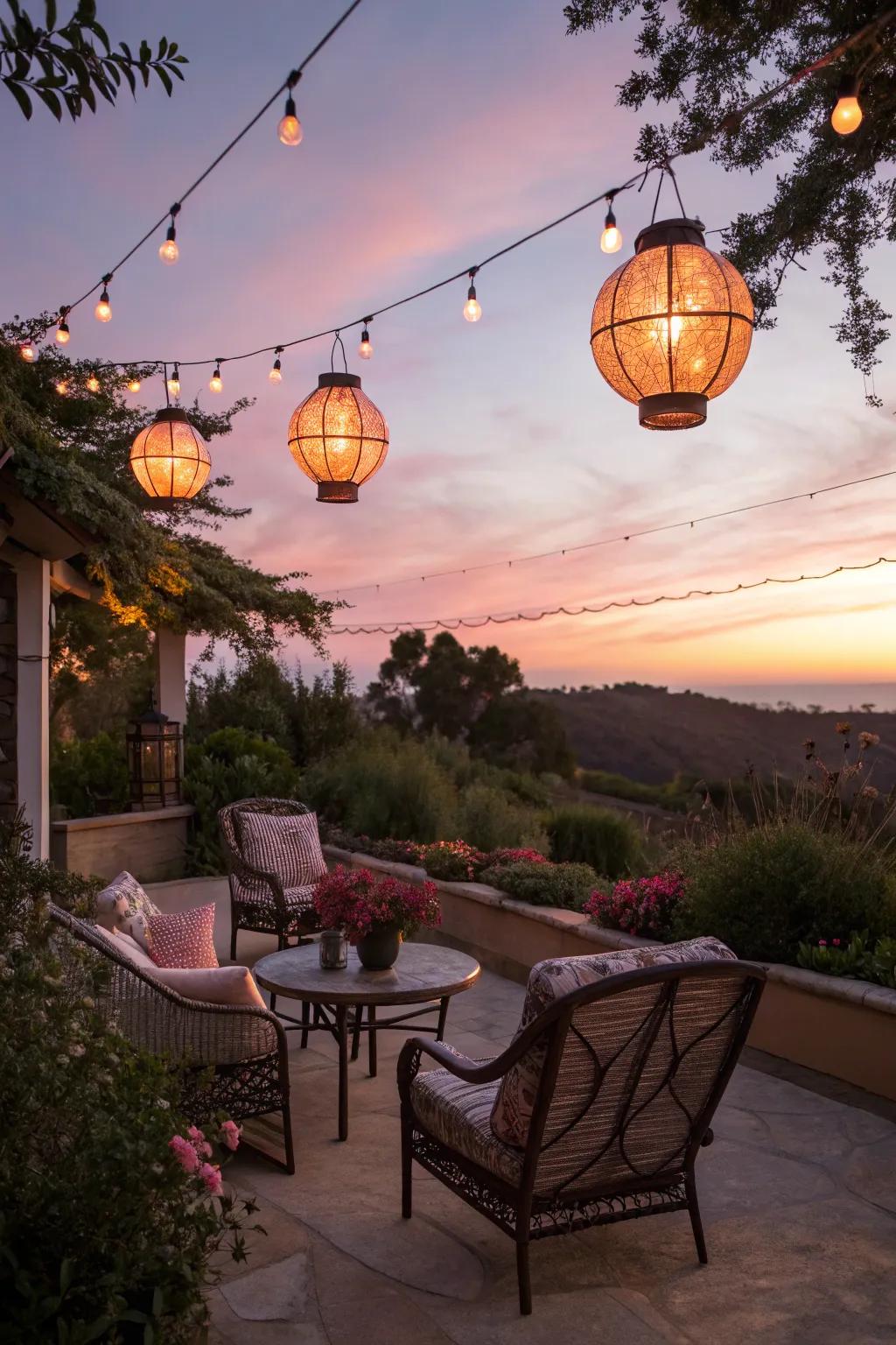 Suspended lamps illuminate the patio with a snug radiance.