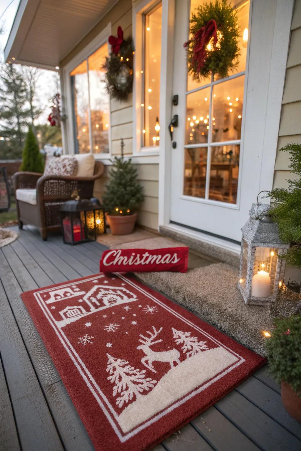 A seasonal doormat warmly welcomes guests with festive delight.