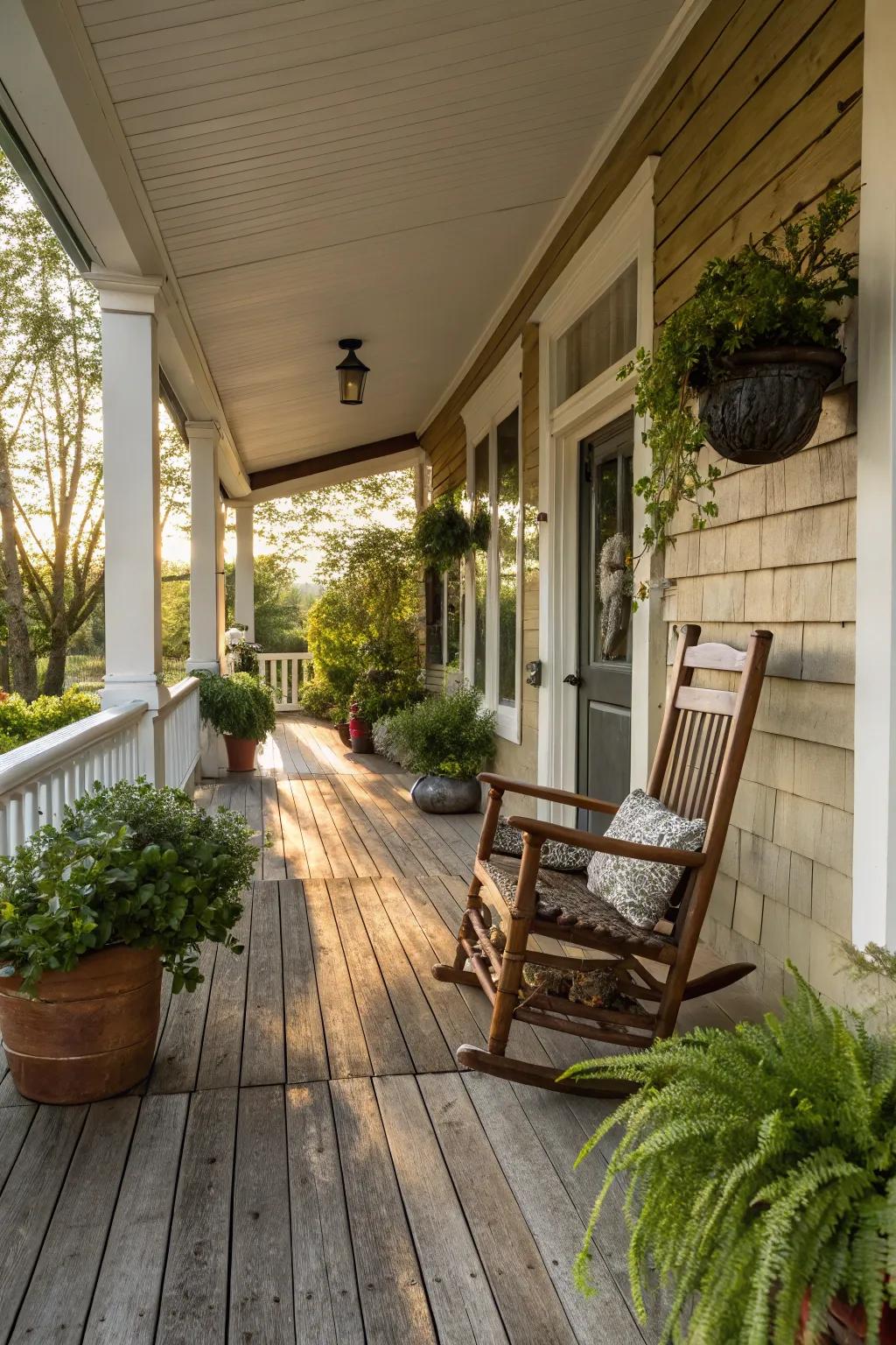 Wood flooring imparts a traditional, snug ambiance to your porch.