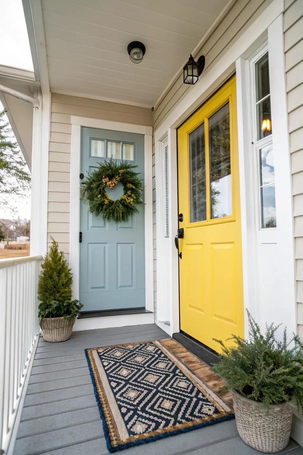 A striking door creates a welcoming entrance.