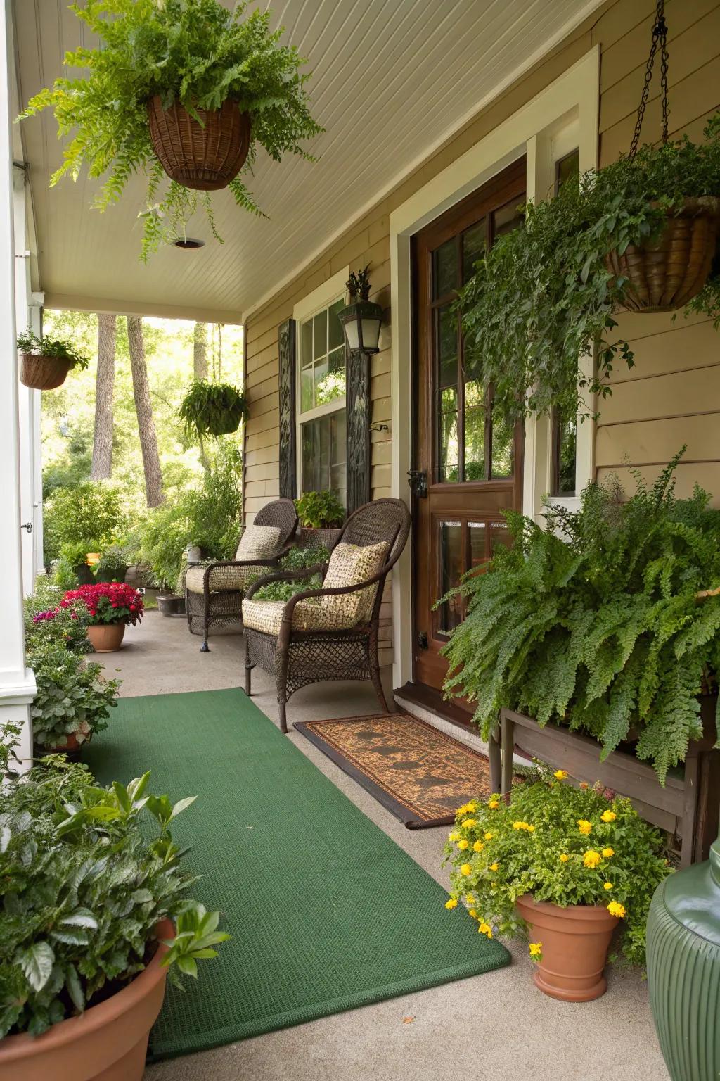 Plants and rugs together offer a nature-inspired porch.
