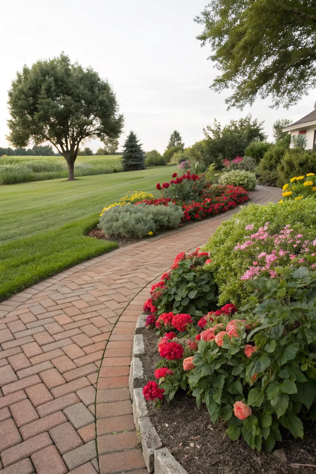 Vibrant plantings bring vitality to brick walkways.