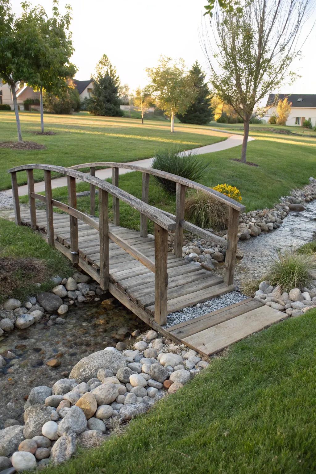 A decorative bridge incorporates appeal and purpose to your dry streambed.