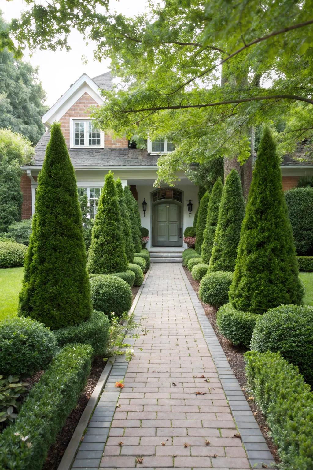 Symmetrical evergreens fashion a formal entryway.