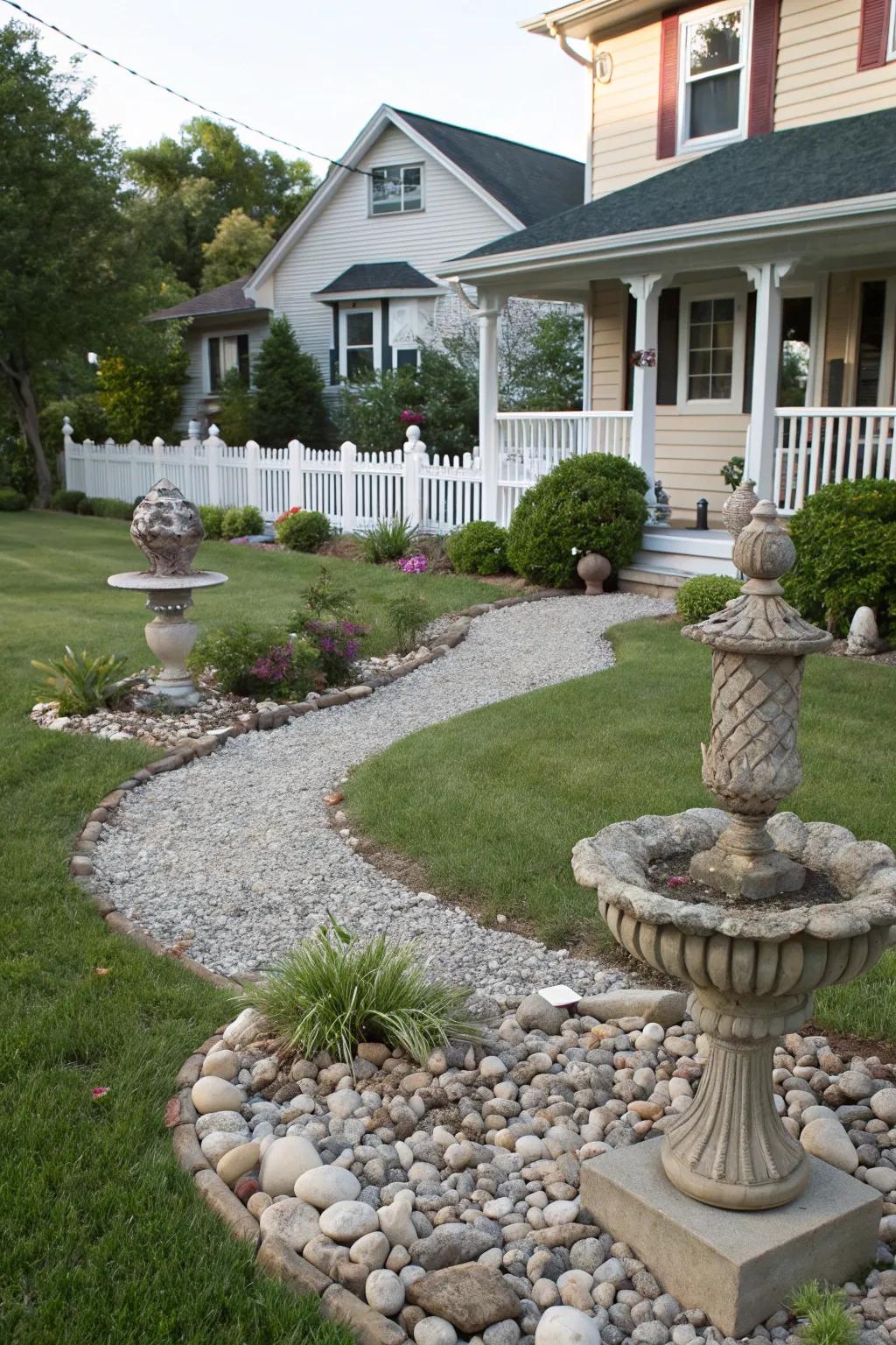 Artistic statues and ornamental rocks add an artistic touch.