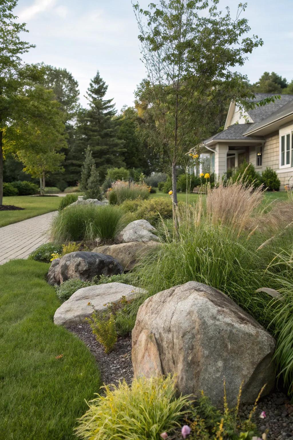 Layer plants alongside stones for a natural and textured landscape presence.