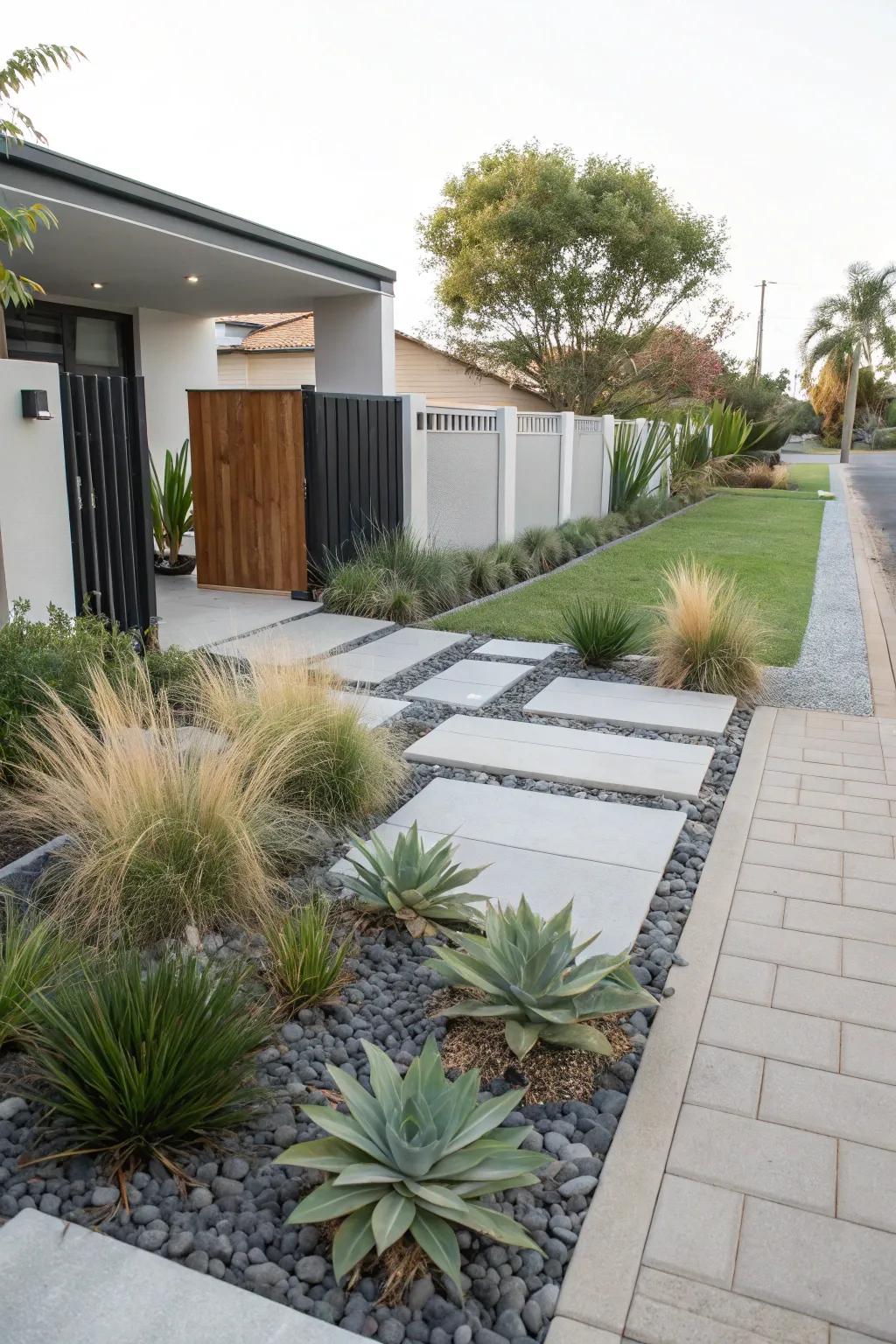Basic planting with succulents and grasses fashions a neat and modern aesthetic.