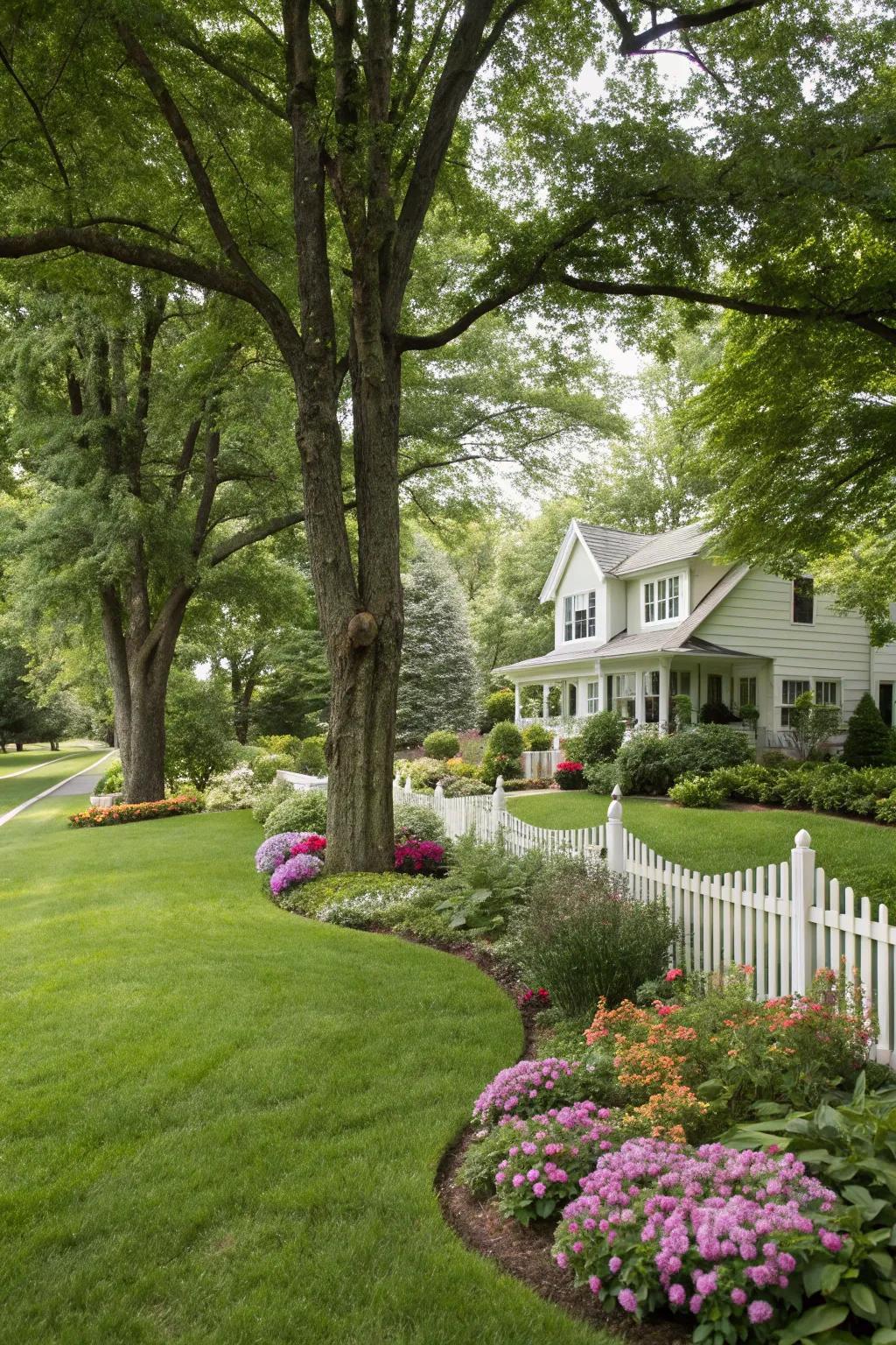 Tall trees introduce vertical grace and natural privacy.