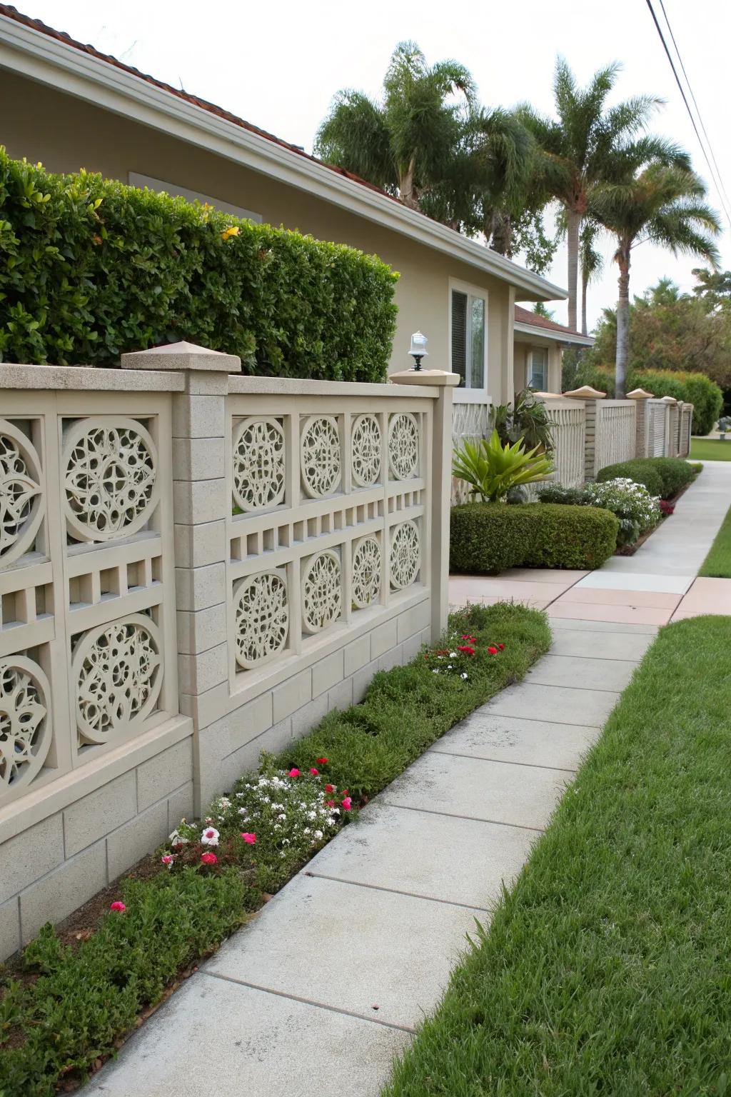 Ornamental concrete blocks add a hint of modern design to privacy walls.