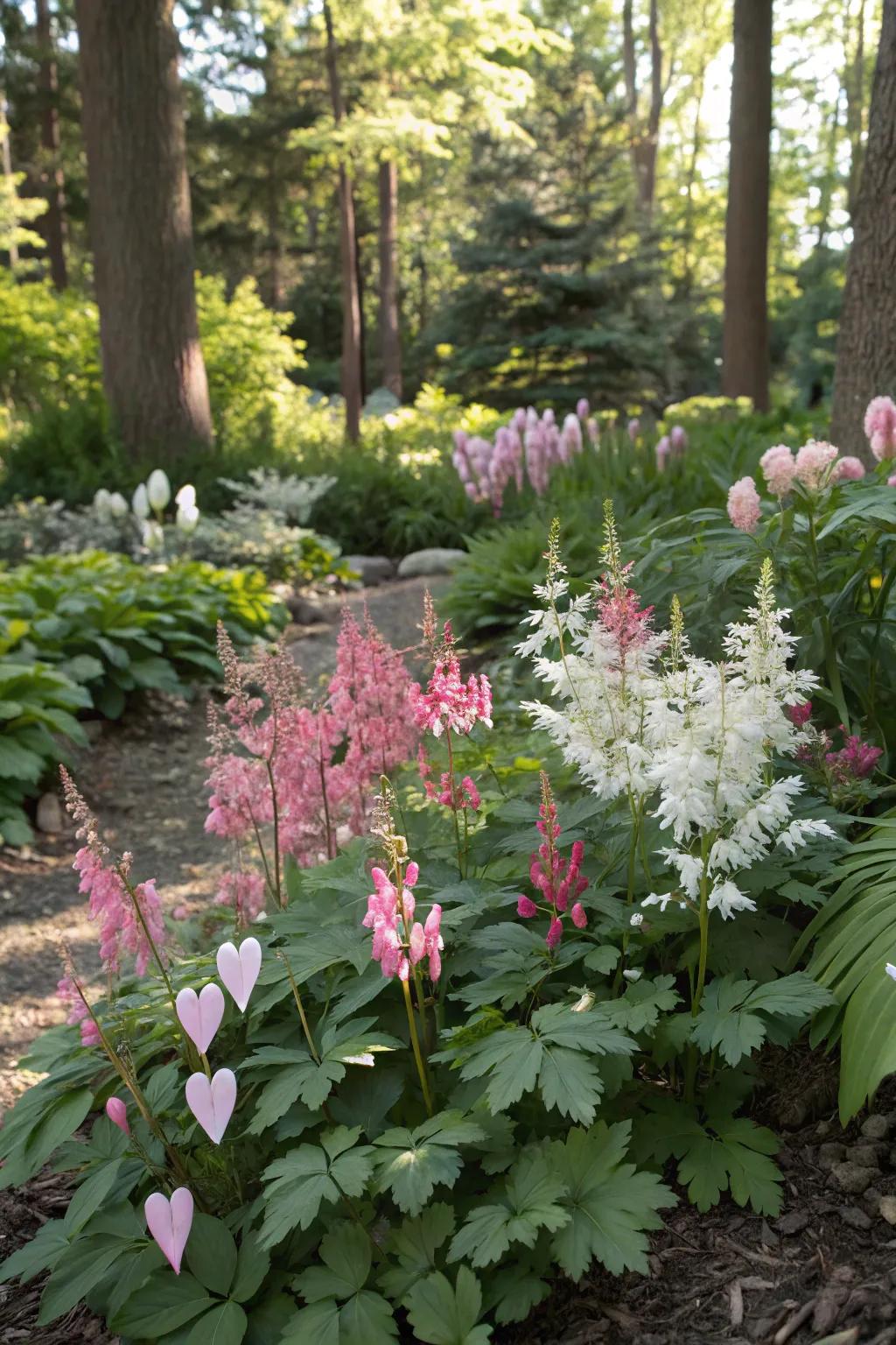 Vibrant perennials bring dynamic colors to shadowed spots.