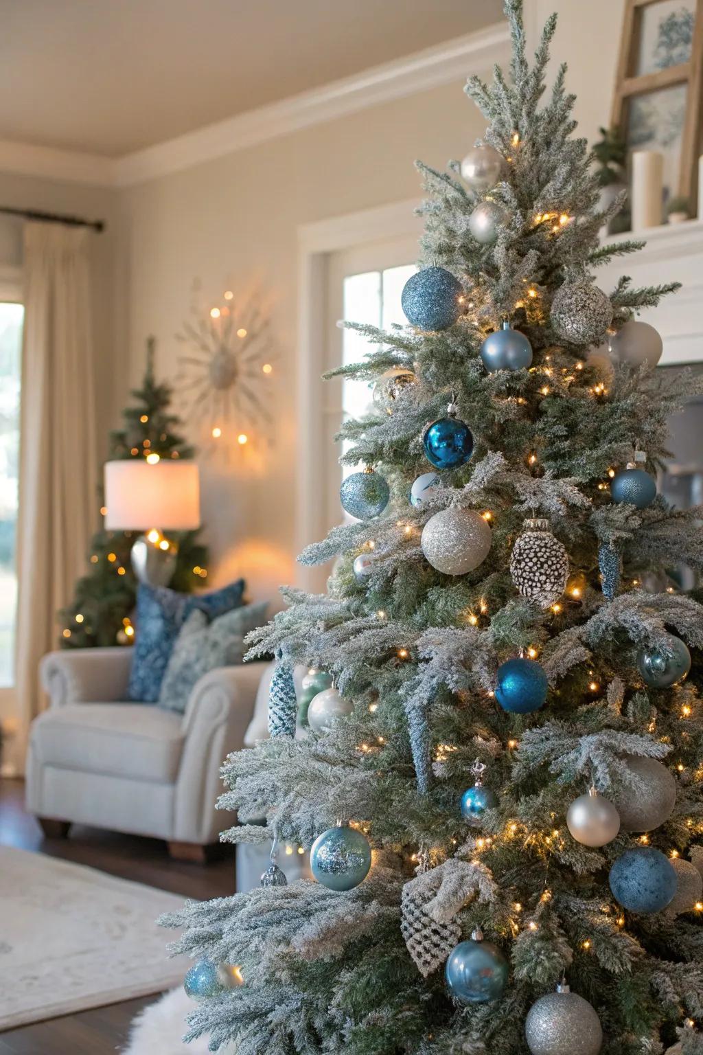 Azure and argent decorations bring an icy impression to this frosted tree.