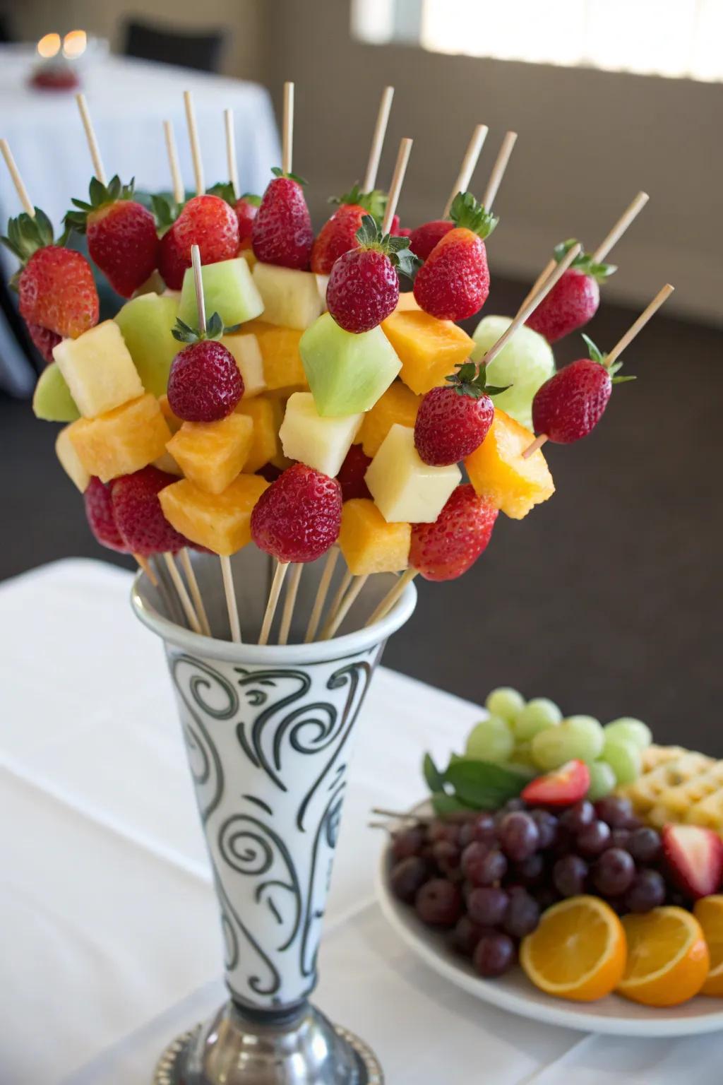 A striking fruit skewer showcase, ideal for informal soirees.