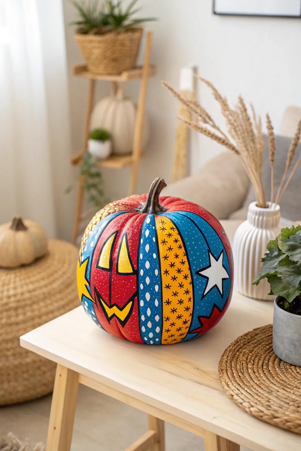 Reimagine your gourd into a vibrant art spectacle that bursts from the canvas through spirited shades and a comic anthology vibe!