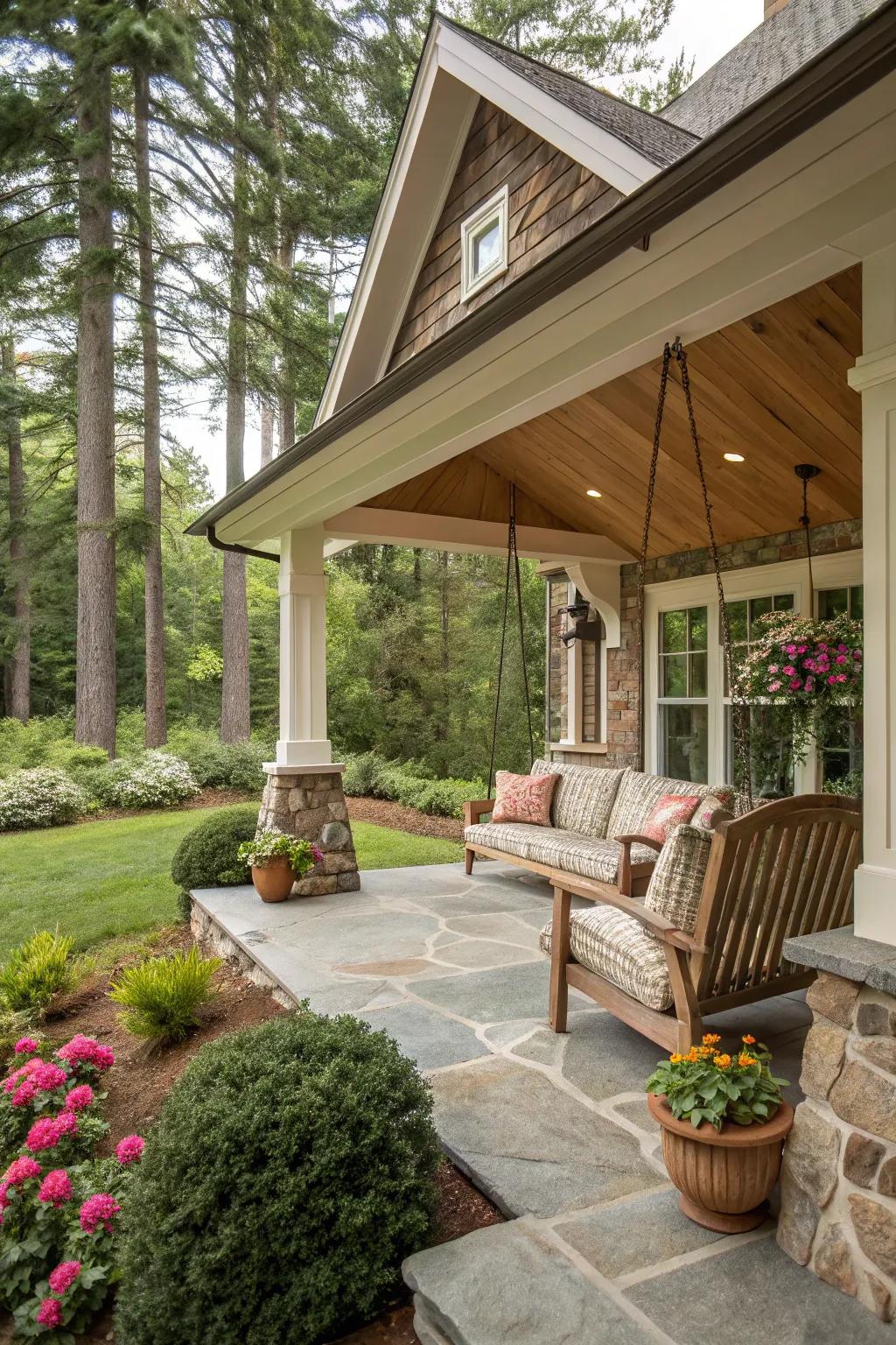 A rustic stone foundation that enhances the porch's natural appeal.