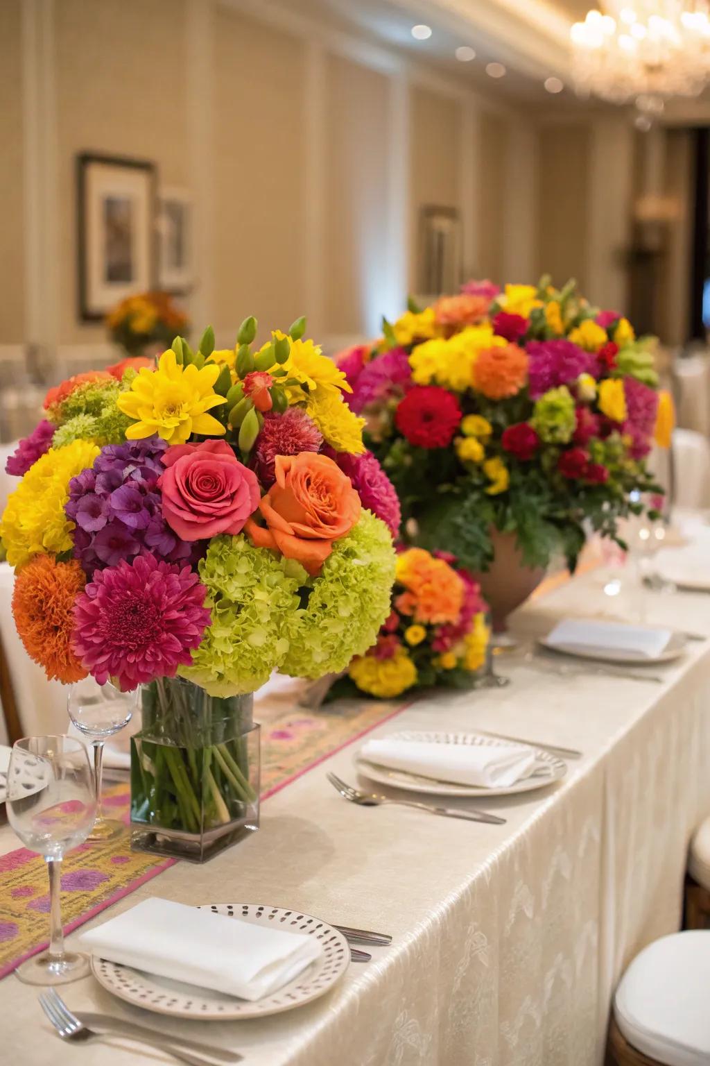 Vibrant, multi-colored bouquets can introduce a striking color element.