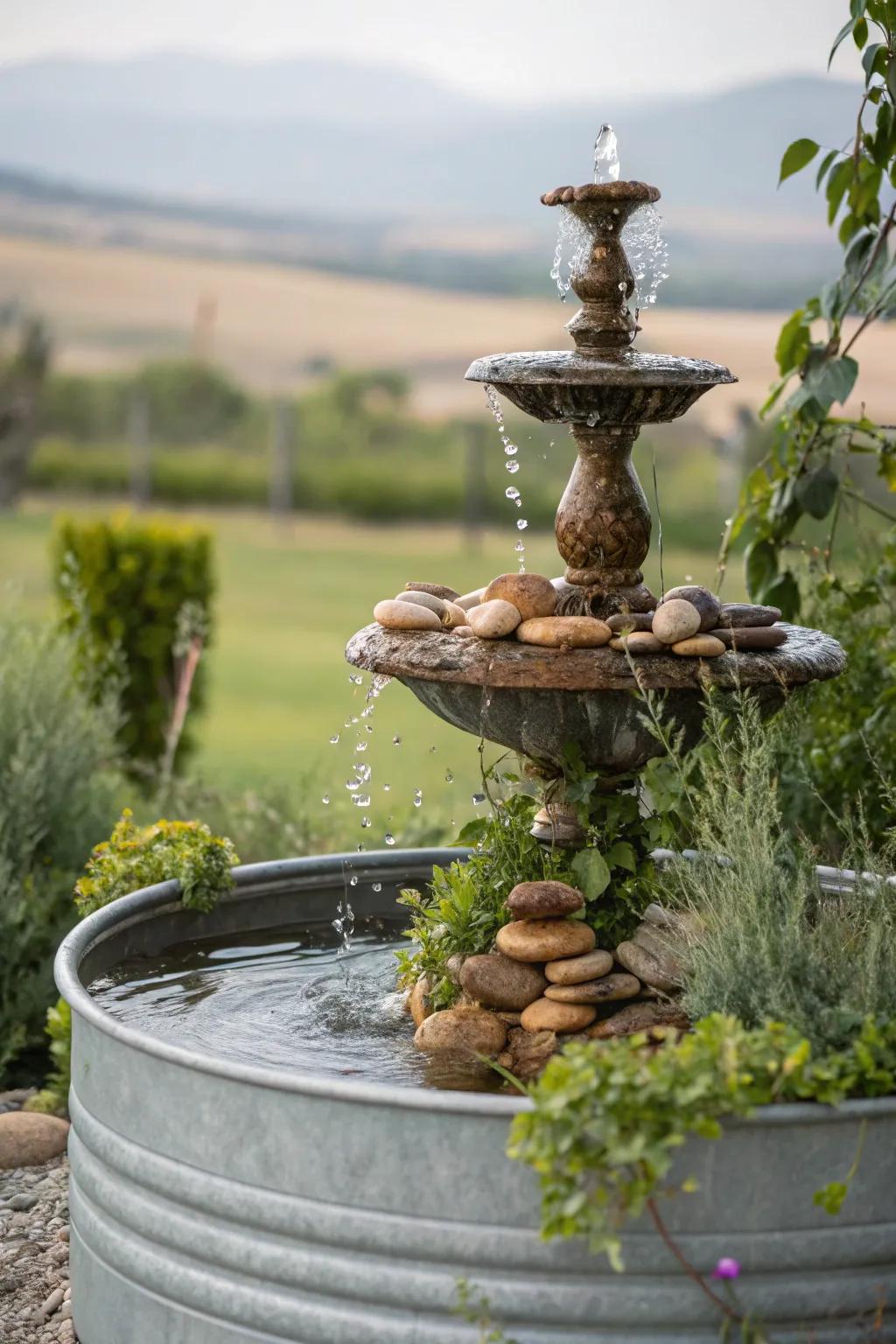 A tiered fountain featuring pebbles crafts a pacifying garden feature.