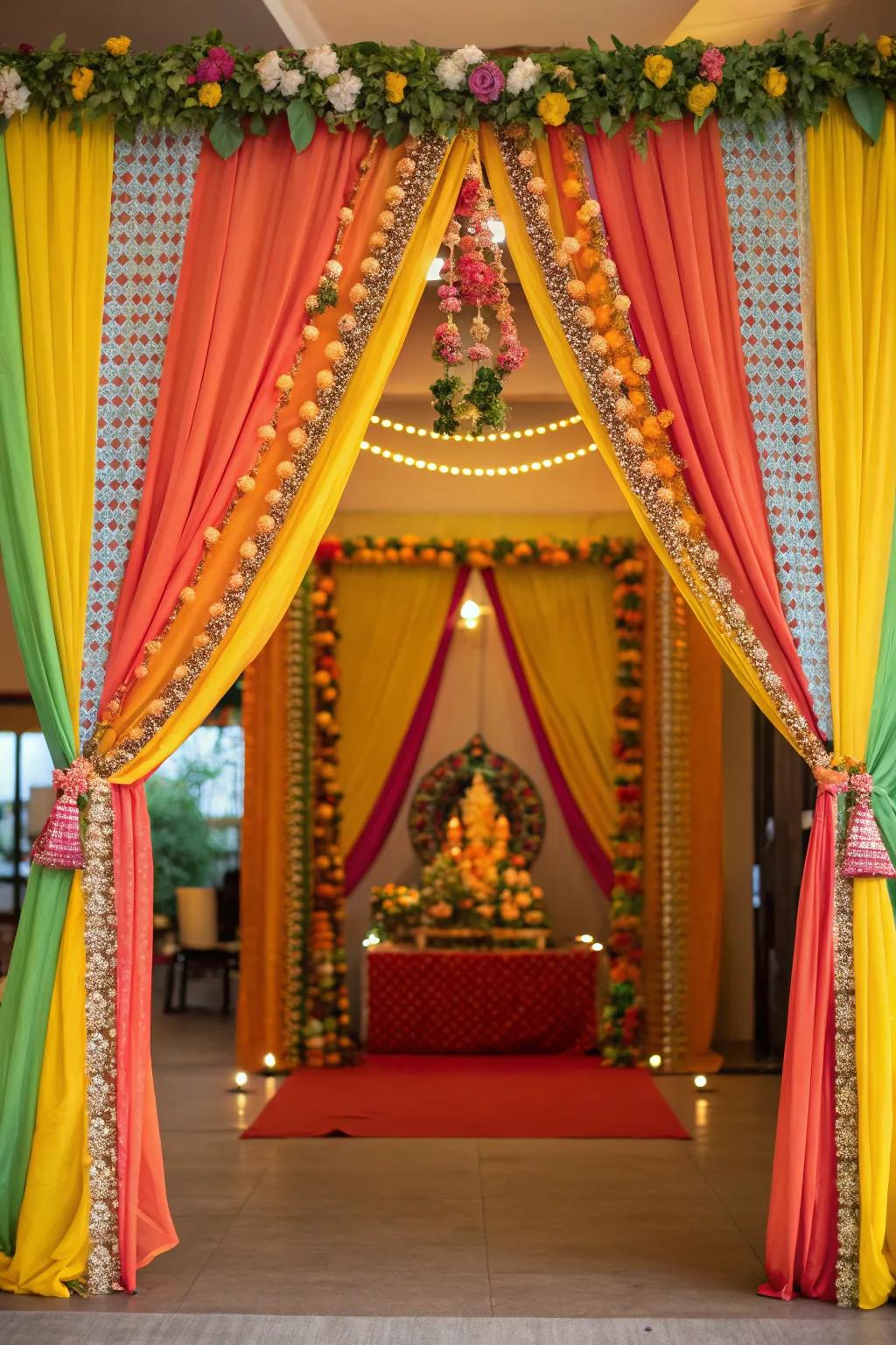 Luxurious and vibrant textile art framing a Ganesh Chaturthi altar, sparking a celebratory atmosphere.