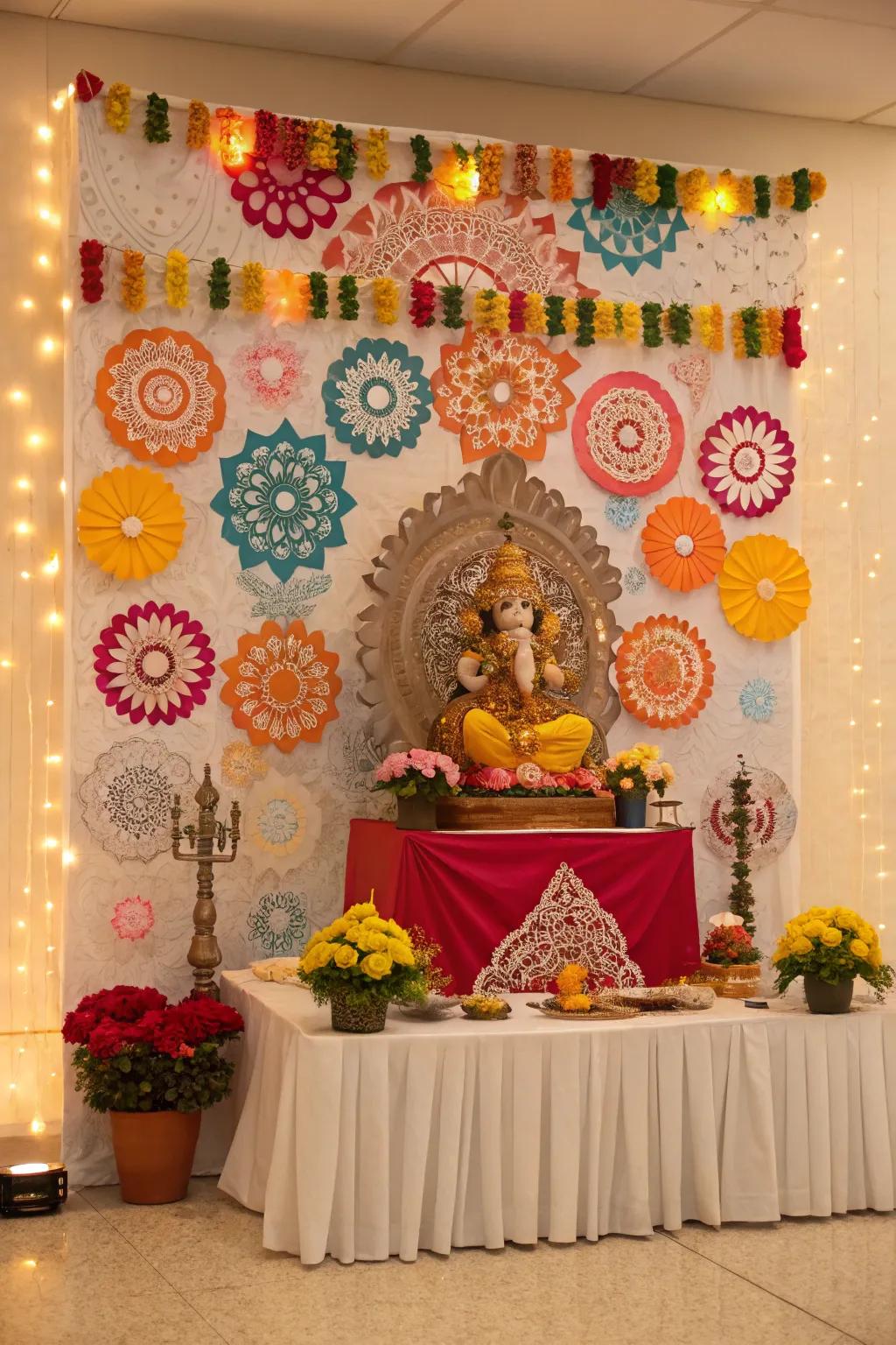 A playful and radiant paper display for Ganpati.