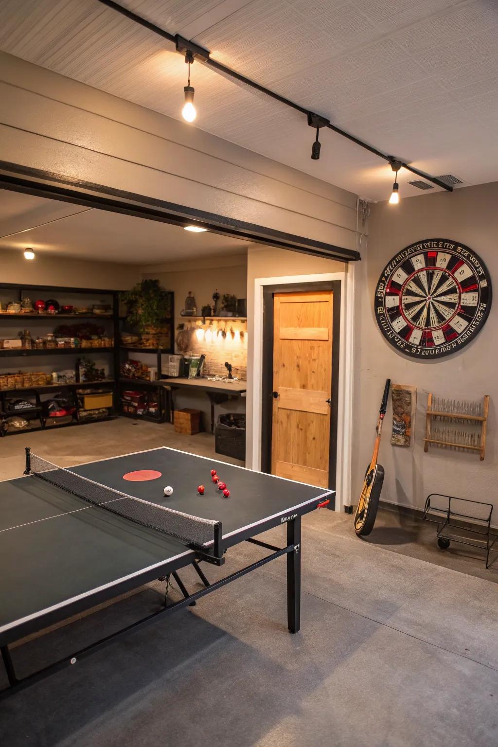An entertainment haven in the garage with games and fun things to do.