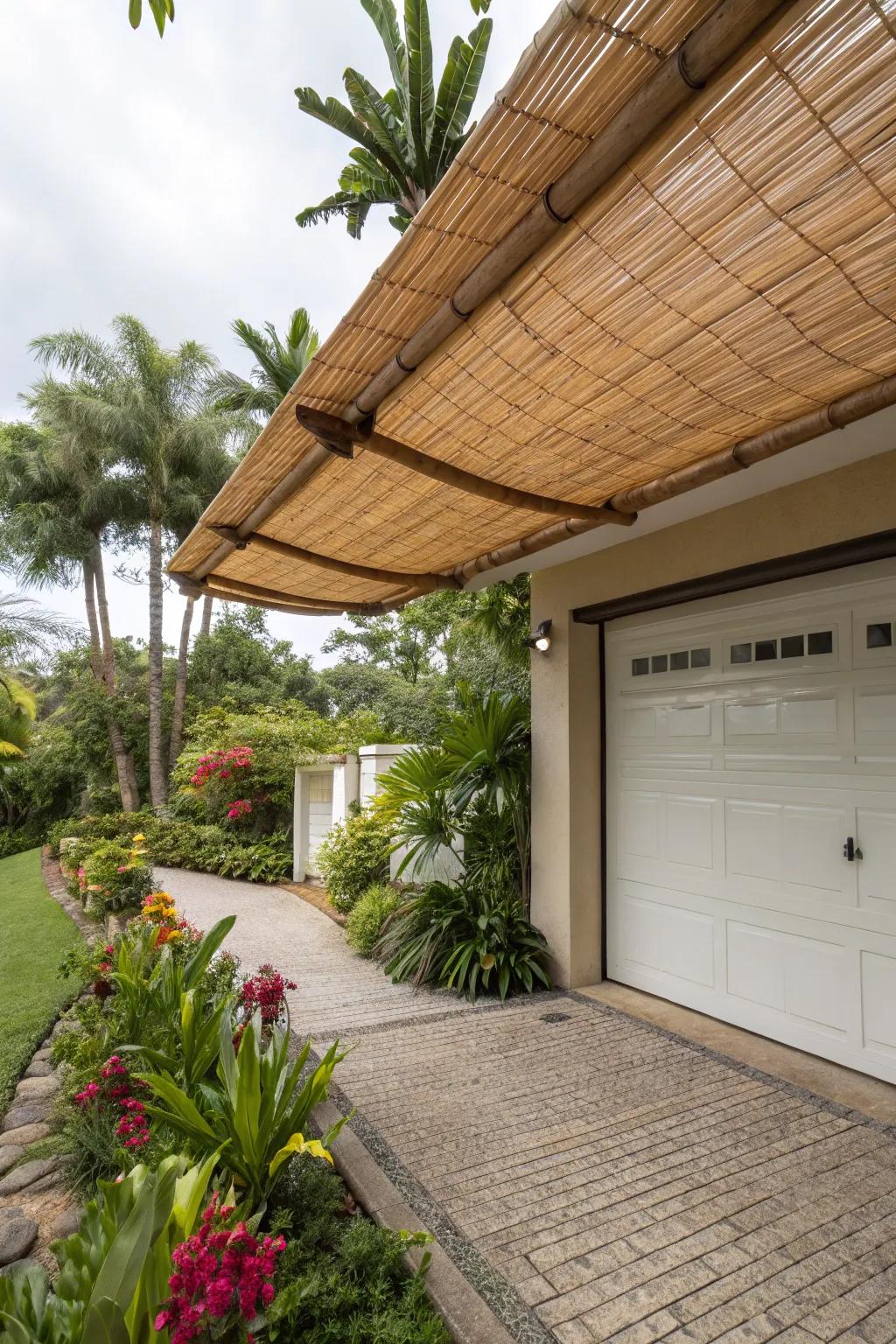 Exotic bamboo roll-up shade shelter for natural cooling.