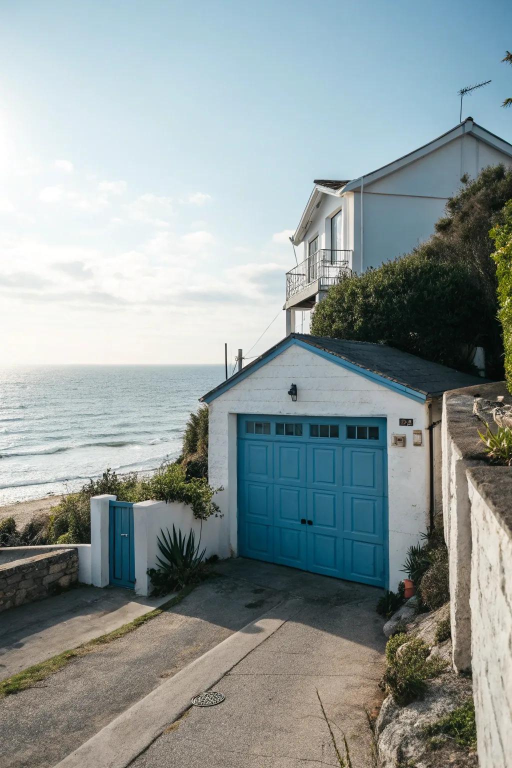 Tranquil sky hue garage doors elicit a calming and serene ambiance.